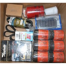 BOX OF VARIOUS ITEMS INCLUDING, FRAM OIL FILTERS,
