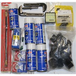 BOX WITH CANS OF BELT DRESSING CANS, DIE CAST