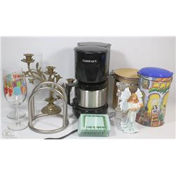 CUISINART COFFEEMAKER, GLASSWARE, CANISTERS AND