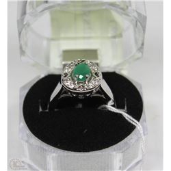 #92- EMERALD &CZ .925 STERLING SILVER RING