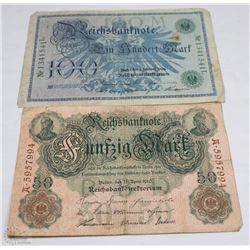 GERMAN 1910 59 MARK BANK NOTE W/ 1908 100 MARK