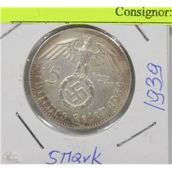 GERMAN NAZI 5 MARK 1939 COIN