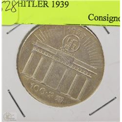 GERMAN NAZI 100 MARK COIN W/ ADOLF HITLER 1939
