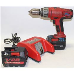 MILWAUKEE 28V CORDLESS DRILL WITH 2 BATTERIES &