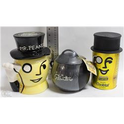 LOT OF 3 PLANTERS MR PEANUTS JAR, TIN AND NEW POT