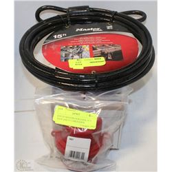 LOT OF MASTERLOCK LOCK OUT TAGS AND 15' CABLE LOCK