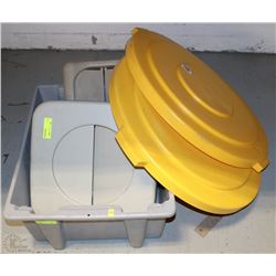 TOTE WITH ASSORTED GARBAGE CAN LIDS