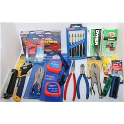 BOX W/ ASSORTED TOOLS INCL VISE GRIPS, TAPE