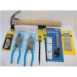 BOX W/ ASSORTED TOOLS INCL PLIERS, EXACTO KNIFE,