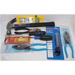 BOX W/ ASSORTED TOOLS INCL PLIERS, EXACTO KNIFE,