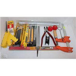 BOX OF ASSORTED SAFETY KNIVES, F-CLAMPS AND BOX
