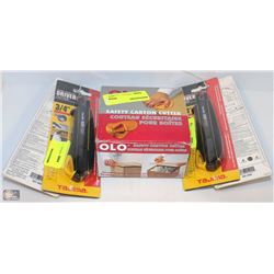 OLO SAFETY CARTON CUTTER AND 4 TAJIMA BOX CUTTERS