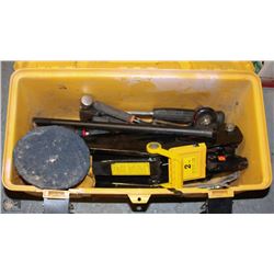 YELLOW TOOLBOX WITH 2 TON JACK AND ORBITAL SANDER