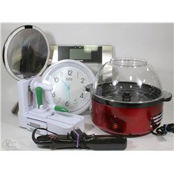 BOX WITH SCALE, WALL CLOCK, MIRROR, APPLE PEELER,