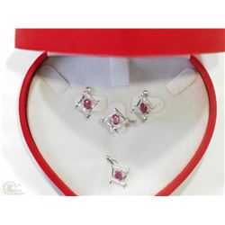 #3-ST SILVER RUBY PENDANT, EARRINGS & RING SET