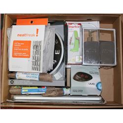 XL FLAT OF CLOCK ,BATHROOM SCALE,COAT HANGER,AND