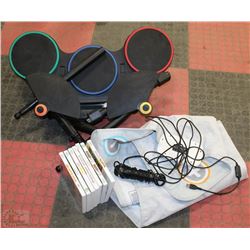 BOX OF WII GAMES , GUITAR HERO, DRUMS AND