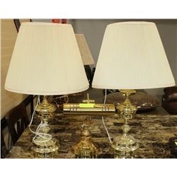 2 BRASS COLORED TALE LAMPS WITH SHADES & BRASS