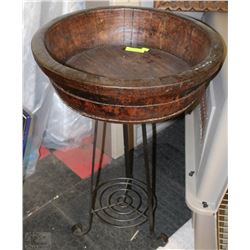 ANTIQUE WOOD MIXING BOWL ON METAL STAND 22"