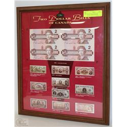 THE TWO DOLLAR BILLS OF CANADA  FRAMED PICTURE