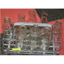 VINTAGE GLASS MILK BOTTLES WITH W/ METAL CARRIER