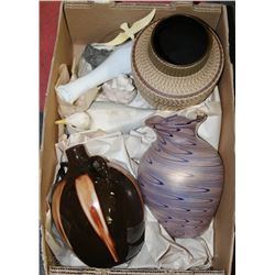 BOX W/ART GLASS VASE & CERAMIC VASES,