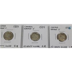LOT OF 3 CANADIAN SILVER 10 CENT COINS INCL 1929,