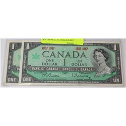 LOT OF 2 1967 CANADIAN CENTENNIAL $1 DOLLAR BILLS