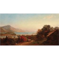 Attributed to Hermann Fueschel (1833-1915) Log Cabin Along the Hudson oil on canvas 20 x 36 in. (...