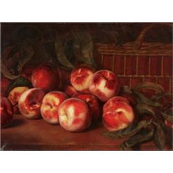 Lemuel Everett Wilmarth (1835-1918) Peaches and Ribboned Basket, 1889 signed and dated “L.E. Wilm...