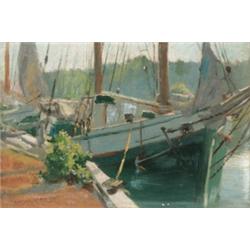 American School Early 20th Century Sailboats at Dock bears signature “Wm. Chase” (lower left) oil...