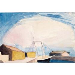 George Ault (1891-1948) Sailboat at Dock, 1922 signed and dated “G.C. Ault 22” (upper right) wate...