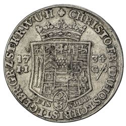 STOLBERG: Christof Friedrich, 1704-1738, AR 2/3 thaler (12.85g), 1734-IIG. VF