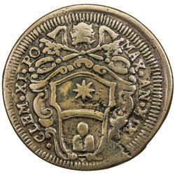 PAPAL STATES: Clement XI, 1700-1721, AE 1/2 baiocco (6.78g), Ferrara, ND-XIX (1719). VF