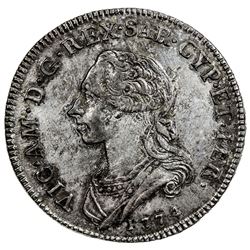 SARDINIA: Vittorio Amadeo III, 1773-1796, AR 1/2 scudo (17.57g), 1774. EF-AU