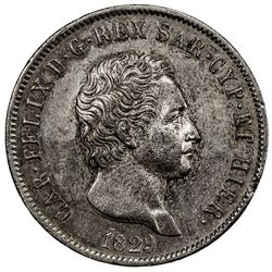 SARDINIA: Carlo Felice, 1821-1831, AR 5 lire, 1829. EF-AU