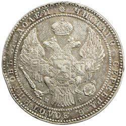 POLAND: Nicholas I, of Russia, 1815-1825, AR 10 zlotych / 1 1/2 roubles, 1835. VF-EF