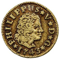 SPAIN: Philip V, 1700-1746, AV 1/2 escudo, 1743-S. VF