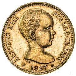 SPAIN: Alfonso XIII, 1874-1885, AV 20 pesetas, 1887 (62). UNC