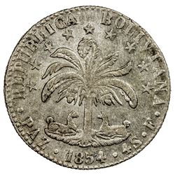 BOLIVIA: Republic, AR 4 soles, PAZ, 1854. EF-AU