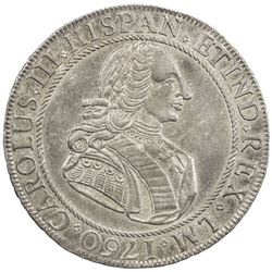 PERU: Carlos III, 1759-1788, AR 4 reales proclamation (14.20g), 1760. EF