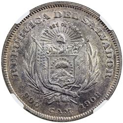 SALVADOR: AR peso, 1908. NGC MS63