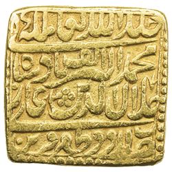 MUGHAL: Akbar I, 1556-1605, AV heavy mohur (11.81g), Urdu Zafar Qarin, AH1000 (in words). VF