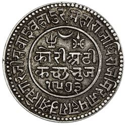 KUTCH: Khengarji III, 1875-1942, AR 2 1/2 kori (6.93g), Bhuj, 1916//VS1973. VF