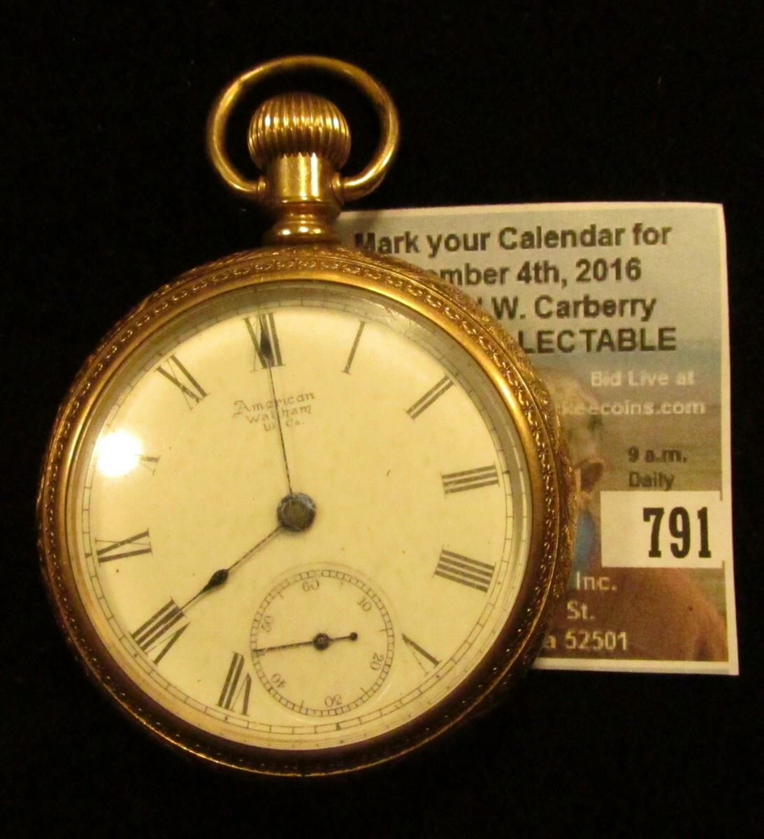 American Waltham Watch Co. Openfaced Pocket Watch, Patd Nov. 19, 1889