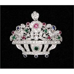 CHARMING DIAMOND, EMERALD, RUBY AND SAPPHIRE BROOCH/PENDANT, Designed as a basket of flowers, s...