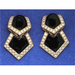 ATTRACTIVE PAIR OF DIAMOND AND CARVED BLACK ONYX PENDANT EAR CLIPS, Set with ninety-six round c...