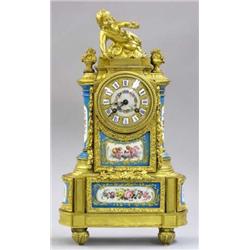 LOUIS XV STYLE GILT BRONZE AND SEVRES PORCELAIN MANTEL CLOCK, French. Late 19th Century. Moveme...