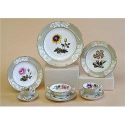 EIGHTY-FOUR PIECE SPODE PORCELAIN PART DINNER SERVICE, English. 20th Century. "Botanical" patte...