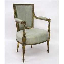 GOOD PAIR OF DIRECTOIRE CARVED AND GILTWOOD FAUTEUILS, French. 19th Century. Each with shield s...